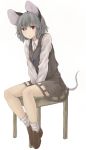  1girl animal_ears between_legs brown_shoes collared_shirt full_body grey_hair grey_skirt grey_vest hand_between_legs highres jewelry loafers looking_at_viewer mouse_ears mouse_tail nazrin netamaru pendant red_eyes shirt shoes short_hair simple_background sitting skirt skirt_set solo tail touhou white_background white_legwear white_shirt 