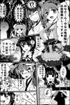  5girls :d ahoge apron braid comic commentary_request detached_sleeves double_bun greyscale harusame_(kantai_collection) hat hiei_(kantai_collection) highres kantai_collection kongou_(kantai_collection) long_hair monochrome multiple_girls nontraditional_miko open_mouth plaid plaid_skirt pleated_skirt sameya school_uniform serafuku shigure_(kantai_collection) short_hair side_ponytail single_braid skirt smile translated yuudachi_(kantai_collection) 