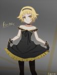  1girl black_dress choker dated dress dress_lift hanamonogatari highres kizumonogatari konbari_tariumu monogatari_(series) oshino_shinobu pantyhose short_hair solo 