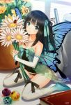  1girl bare_shoulders black_hair book butterfly_wings elbow_gloves fairy flower gloves hair_ribbon insect jewelry long_hair looking_at_viewer minigirl necklace original panties ribbon sitting smile solo tanaka_takayuki underwear white_legwear wings 
