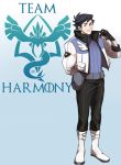  1boy blue_hair boots commentary earrings full_body glasses_enthusiast highres jewelry logo looking_at_viewer male_focus original parody paxton_(glasses_enthusiast) pokemon pokemon_go solo style_parody watermark 