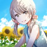  :d bag bangs bare_arms blue_dress clouds cloudy_sky day dress flower grey_eyes hair_ornament hair_scrunchie hishi_(k-xaby) long_hair looking_at_viewer open_mouth original outdoors scrunchie shoulder_bag silver_hair sky sleeveless sleeveless_dress smile summer sundress sunflower teeth twintails 