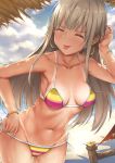  1girl ^p^ alessandra_susu beach bikini bracelet breasts cleavage clouds earrings grey_hair highres jewelry long_hair navel parfaitlate solo swimsuit tan tanline tokyo_7th_sisters 