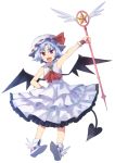  1girl adapted_costume anarogumaaa ascot blue_hair brooch cardcaptor_sakura demon_tail demon_wings fang frills hat hoshi_no_tsue jewelry mob_cap open_mouth parody red_eyes remilia_scarlet rod sleeveless solo tail touhou white_background wings 