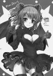  1girl alternate_costume bat_wings bow cheria_barnes cleavage_cutout cowboy_shot demon_horns gloves greyscale hairband highres horns kara_(color) monochrome panties polka_dot polka_dot_legwear short_hair side-tie_panties skirt smile solo tales_of_(series) tales_of_graces thigh-highs underwear wings 