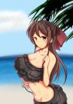  1girl ahoge alternate_costume bare_shoulders beach bikini black_bikini bow breasts brown_eyes brown_hair cleavage collarbone commentary_request from_side fujikusa groin hair_bow hair_ornament hairclip huge_breasts kantai_collection layered_bikini light_smile long_hair looking_at_viewer mamiya_(kantai_collection) navel ocean outdoors red_bow solo swimsuit under_boob upper_body 