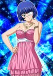  1girl blue_hair breasts cleavage collarbone dress eyepatch green_eyes hand_on_hip ikkitousen large_breasts long_hair mole mole_under_mouth necktie pink_dress ryomou_shimei shiny shiny_skin short_hair smile solo strapless strapless_dress 
