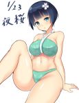  &gt;:o 1girl :o adapted_costume arm_support bare_shoulders bikini black_hair blue_bikini blue_eyes blush breasts character_name commentary_request dated floral_print flower hair_flower hair_ornament halter_top halterneck knee_up large_breasts looking_at_viewer navel noeomi senran_kagura senran_kagura_(series) senran_kagura_shinovi_versus short_hair sitting solo stomach swimsuit white_background yozakura_(senran_kagura) 