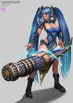  1girl aqua_hair badcompzero blue_hair boots breasts cleavage gatling_gun gradient_hair grey_background gun large_breasts league_of_legends legs looking_at_viewer multicolored_hair simple_background solo sona_buvelle thighs twintails weapon 