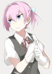  1girl adjusting_clothes adjusting_gloves bangs black_vest blue_eyes buttons collared_shirt eyebrows eyebrows_visible_through_hair gloves hair_between_eyes hair_intakes hair_ornament kantai_collection looking_back neck_ribbon open_mouth pink_hair red_ribbon ribbon shiranui_(kantai_collection) shirt short_hair short_ponytail short_sleeves silver_background simple_background solo souji tsurime upper_body vest white_gloves white_shirt 
