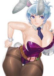  1girl alternate_costume animal_ears bare_shoulders battle_bunny_riven bling_(wnsdud34) blue_eyes breasts bunny_tail bunnysuit cleavage curvy highres large_breasts league_of_legends lips necktie pantyhose pantyhose_tug rabbit_ears riven_(league_of_legends) short_hair silver_hair simple_background solo tail thigh_gap thighs tied_hair white_background wide_hips 