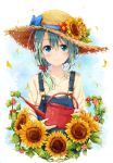  1girl aqua_hair blue_eyes blush bow collarbone denim flower hair_between_eyes hair_ornament hair_over_shoulder hat hat_bow hat_flower hat_ribbon holding long_hair looking_at_viewer original overalls petals ribbon shiina_kuro smile solo straw_hat sunflower sweater upper_body watering_can 