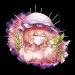  1girl absurdres bare_shoulders black_background blonde_hair breasts cleavage collarbone dai_(yamii) flower frown green_eyes hat highres maribel_hearn mob_cap one_eye_closed simple_background solo squinting touhou 
