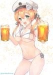  1girl :d alcohol anchor_hair_ornament beer beer_mug bikini blonde_hair blue_eyes breasts cosplay hair_ornament hair_ribbon hat kantai_collection long_hair open_mouth peaked_cap prinz_eugen_(kantai_collection) ribbon sailor_bikini sailor_collar smile solo suzuho_hotaru swimsuit twintails under_boob white_bikini white_hat z3_max_schultz_(kantai_collection) z3_max_schultz_(kantai_collection)_(cosplay) 