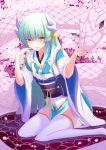  1girl animal aqua_hair cherry_blossoms fate/grand_order fate_(series) fuu_(fuore) highres horns japanese_clothes kimono kiyohime_(fate/grand_order) long_hair looking_at_viewer obi petals red_eyes reptile sash sitting snake thigh-highs tongue tongue_out water white_legwear wide_sleeves yellow_eyes 