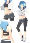  1girl alternate_costume back black_legwear blue_eyes blue_hair breasts casual cleavage cropped_jacket double_bun earphones earphones eyebrows eyebrows_visible_through_hair from_behind head_out_of_frame heart heart_necklace highres hood hooded_jacket jacket kantai_collection leggings long_hair long_sleeves looking_at_viewer midriff multiple_views myuto_(advent_retribution) navel open_clothes open_jacket shoes simple_background skirt sleeves_past_wrists smile sneakers sports_bra standing twitter_username urakaze_(kantai_collection) white_background 