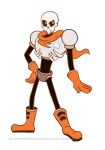  1boy armor atomi-cat boots commentary gloves hand_on_hip heart male_focus mystery_skulls papyrus_(undertale) parody red_eyes scarf simple_background skeleton solo standing style_parody undertale uneven_eyes watermark web_address white_background 
