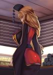  1girl ass back black_dress blinds blonde_hair breasts ceiling chinese_clothes commentary_request cowboy_shot dress facing_away from_behind hat highres hoshara indoors jewelry junko_(touhou) large_breasts long_hair long_sleeves pendant sash scroll solo tabard touhou wide_sleeves 