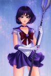  1girl bishoujo_senshi_sailor_moon brittany_fuerst choker circlet earrings gloves jewelry makeup miniskirt sailor_collar sailor_saturn short_hair silence_glaive skirt solo staff tomoe_hotaru violet_eyes white_gloves 