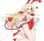  &gt;_o 1girl ;d alternate_breast_size bare_legs bare_shoulders bat_wings blonde_hair breasts covered_navel demon_tail detached_sleeves disgaea flonne flonne_(fallen_angel) full_body heart heart_background high_heels kuroonehalf large_breasts long_hair looking_at_viewer one_eye_closed open_mouth pointy_ears red_eyes ribbon sideboob signature simple_background smile solo tail tail_ribbon very_long_hair white_background wings 