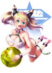  1girl ankle_strap ass ball bare_arms bare_shoulders beachball blonde_hair blue_eyes bow breasts cleavage cleavage_cutout collarbone criss-cross_halter gene_(pso2) hair_between_eyes hair_bow hair_ornament halter_top halterneck harukaze_bou highres huge_breasts kneeling long_hair looking_at_viewer midriff multicolored_hair phantasy_star phantasy_star_online_2 skindentation solo streaked_hair thigh_strap twintails two-tone_hair under_boob 