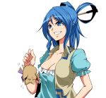  1girl :d animalization arm_garter bird blue_dress blue_eyes blue_hair breasts cleavage collarbone commentary_request dress hair_ornament hair_rings hair_stick kakao_(noise-111) kaku_seiga large_breasts looking_at_another open_clothes open_mouth open_vest puffy_short_sleeves puffy_sleeves short_sleeves smile solo touhou toyosatomimi_no_miko upper_body vest white_background 
