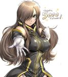  1girl 2016 amania_orz breasts brown_hair clenched_hand dated detached_sleeves english garter_straps gloves green_eyes hair_over_one_eye impossible_clothes large_breasts long_hair number outstretched_arm parted_lips solo sparkle tales_of_(series) tales_of_the_abyss tear_grants twitter_username white_background white_gloves 