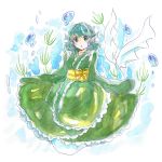  1girl blue_hair bubble faux_traditional_media green_hair head_fins highres japanese_clothes kimono mermaid monster_girl open_mouth plant solo tama_(hiroshige_36) touhou underwater wakasagihime 