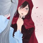  2girls blush brown_hair cape finger_to_another&#039;s_mouth grey_eyes grey_hair hood multiple_girls noel_(pixiv5459099) petals ruby_rose rwby weiss_schnee white_hair wide-eyed yuri 