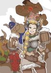 1girl 3boys blizzard_(company) blonde_hair braid company_connection grin highres long_hair looking_at_viewer mercy_(overwatch) multiple_boys one_eye_closed overwatch smile splashbrush the_lost_vikings viking 