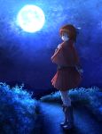  1girl absurdres bow cape full_body full_moon hair_bow highres kakutasu_(akihiron_cactus) long_sleeves looking_at_viewer looking_back moon night night_sky outdoors plant pleated_skirt red_cape red_eyes red_skirt redhead sekibanki short_hair skirt sky solo star_(sky) starry_sky touhou 