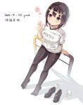  1girl black_hair black_legwear brown_eyes dated garnet highres loafers no_shoes original pantyhose shoes shoes_removed short_hair signature simple_background socks socks_removed solo thighband_pantyhose tiptoes 