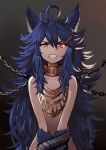 1girl animal_ears blue_hair bound bound_wrists chain clenched_teeth commentary_request fang fenrir_(shingeki_no_bahamut) glowing glowing_eyes granblue_fantasy jewelry long_hair looking_at_viewer necklace omaru_gyuunyuu paws red_eyes shingeki_no_bahamut simple_background solo spiky_hair tail teeth wolf_ears wolf_tail 