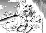  (o)_(o) 1girl :3 bed bed_sheet bird breasts cat_pillow clouds comic curtains fever greyscale hair_intakes hidefu_kitayan himekaidou_hatate himekaidou_hatate_(crow) izayoi_sakuya jitome large_breasts looking_at_viewer monochrome mouth_hold pajamas pillow shameimaru_aya shameimaru_aya_(crow) short_hair silent_comic sitting sky thermometer touhou traditional_media twintails wall window |_| 