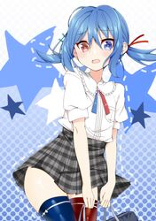  1boy bag blue_eyes blue_hair blue_legwear blush floating_hair hair_between_eyes heterochromia open_mouth original otoko_no_ko plaid plaid_skirt red_eyes red_legwear ribbon rinto0716 scared school_bag school_uniform skirt solo star thigh-highs twintails zettai_ryouiki 