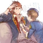  ... 2boys alternate_costume boater_hat brown_hair fingerless_gloves gloves gran_(granblue_fantasy) granblue_fantasy hand_in_hair kimi_to_boku_no_mirai looking_at_another male_focus multiple_boys natsuno_(natsuno_a1) percival_(granblue_fantasy) redhead sitting spoken_ellipsis translation_request unbuttoning white_gloves 