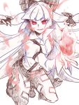  1girl arm_garter buckle fire flame fujiwara_no_mokou hair_ribbon kneeling long_hair long_sleeves monochrome pants pink_eyes popped_collar ribbon smirk solo tobi_(discharge_cycle) touhou 