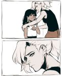  2girls child close-up comic glaring hands_on_shoulders looking_at_another mercy_(overwatch) monochrome multiple_girls overwatch papabay pharah_(overwatch) ponytail sepia silent_comic tank_top teenage younger 