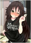  1girl ;p alcohol black_shirt blush breasts brown_hair clothes_writing cup drinking_glass drunk green_eyes hair_between_eyes hair_ornament hairclip head_tilt himekawa_yuki idolmaster idolmaster_cinderella_girls large_breasts long_hair looking_at_viewer one_eye_closed rakkogawa_rinro shirt short_sleeves smile solo tongue tongue_out translation_request v 