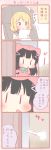  2girls 4koma :o =3 animal_costume animal_hood bangs black_hair blonde_hair blunt_bangs blush bow bowtie braid cat_costume cat_hood comic crown_braid desk green_eyes hair_ribbon hair_rings hand_to_own_mouth hiding holding_paper hood kurosawa_dia love_live! love_live!_sunshine!! minigirl mole mole_under_mouth multiple_girls ohara_mari ribbon saku_usako_(rabbit) school_uniform serafuku sitting translated 