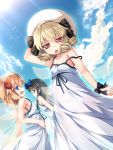  3girls alternate_costume black_eyes black_hair blonde_hair blue_bow blue_eyes blue_sky blush body_blush bow breasts chestnut_mouth chima_q clouds cloudy_sky collarbone dress drill_hair fairy_wings fang hair_bow hat highres long_hair looking_at_viewer luna_child multiple_girls open_mouth orange_hair profile red_eyes ribbon see-through sky small_breasts star_sapphire strap_slip sundress sunlight sunny_milk touhou white_dress wings wrist_bow wrist_ribbon 