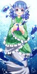  1girl absurdres blue_eyes blue_hair bubble butterfly_print chako_(chakoxxx) drill_hair floral_print gradient gradient_background head_fins highres japanese_clothes kimono looking_at_viewer mermaid monster_girl obi open_hands open_mouth sash short_hair short_kimono solo touhou underwater unmoving_pattern wakasagihime 