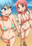  2girls ahoge bare_shoulders barefoot beach bikini blue_eyes blue_hair blue_sky blush breasts clouds commentary_request gachon_jirou green_bikini holding_hands interlocked_fingers long_hair looking_back medium_breasts multiple_girls navel ocean original pink_bikini pink_eyes pink_hair sand shared_swimsuit short_hair side-tie_bikini sky small_breasts sweatdrop swimsuit water 