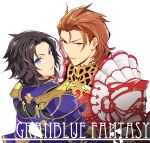  2boys armor black_hair blue_eyes copyright_name granblue_fantasy lancelot_(granblue_fantasy) looking_at_viewer looking_back male_focus multiple_boys percival_(granblue_fantasy) red_eyes redhead simple_background sumeshi_(ginshari40) white_background 