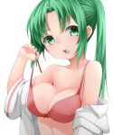  1girl bare_shoulders bra breasts cleavage collarbone green_eyes green_hair highres higurashi_no_naku_koro_ni looking_at_viewer nemu_(nebusokugimi) open_clothes open_mouth open_shirt ponytail shirt simple_background solo sonozaki_mion underwear undressing upper_body white_background 