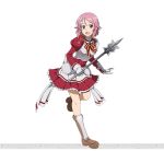  1girl breastplate gloves hair_ornament hairclip hammer holding holding_weapon lisbeth looking_at_viewer open_mouth pink_hair red_eyes short_hair simple_background solo sword_art_online sword_art_online:_code_register watermark weapon white_background white_gloves 