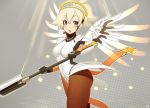  1girl :d blonde_hair blue_eyes breasts cowboy_shot gloves grey_background high_ponytail kuroonehalf light_rays looking_at_viewer mechanical_halo mechanical_wings medium_breasts mercy_(overwatch) open_mouth overwatch pantyhose ponytail signature smile solo staff wings 