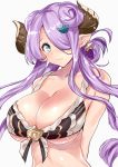  1girl absurdres arms_behind_back bikini blue_eyes blush breasts cleavage collarbone commentary_request demon_horns doraf front-tie_bikini front-tie_top granblue_fantasy hair_ornament hair_over_one_eye hair_rings highres horns large_breasts lavender_hair long_hair looking_at_viewer narumeia_(granblue_fantasy) pointy_ears sankakusui_(deltawhite) shiny shiny_skin simple_background smile solo swimsuit white_background white_bikini 