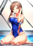  1girl barefoot blurry blush breasts breath brown_eyes brown_hair cleavage collarbone competition_swimsuit covered_navel depth_of_field hair_tucking hand_on_own_chest highres idolmaster idolmaster_cinderella_girls idolmaster_cinderella_girls_starlight_stage long_hair nitta_minami one-piece_swimsuit open_mouth poolside shiny shiny_clothes sitting solo swimsuit wariza wet wet_clothes wet_swimsuit yomono 