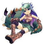  1girl armor black_legwear blue_eyes blue_hair blush boots elbow_gloves gloves green_hair leotard long_hair looking_at_viewer monster multicolored_hair open_mouth really_till sitting smile solo spiky_hair stupa13a twinkle_star_sprites two-tone_hair 